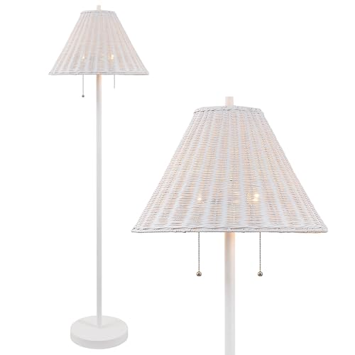 JONATHAN Y 61" White 2-Light Coastal Bohemian LED Floor Lamp for Living Room, Brown Rattan Shade, Mid-Century Modern Tall Standing Lamp, Pull-Chain, LED Bulbs Included (JYL3092B) - color: White