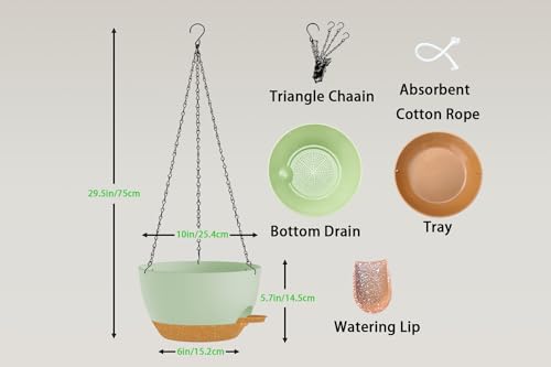 Hanging Planters, 3-Pack 10 Inch Self-Watering Pots with Drainage Holes and Chains, Matte Plastic Planters for Indoor/Outdoor Plant（Green Brown） - color: Green Brown, size: 10 inches