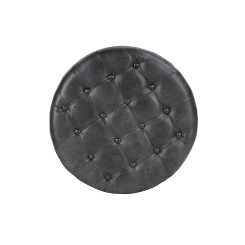 HomePop 25" Button Tufted Round Storage Ottoman - Gray Faux Leather - color: Grey