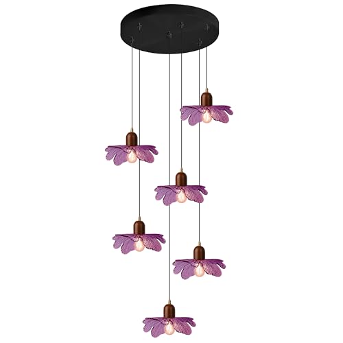 Purple Flower Glass Pendant Light 6-Light Cluster Chandelier Adjustable Hanging Ceiling Light Modern Pendant Lamp for Entryway Dining Room Living Room Foyer - color: Purple, 6 Lights