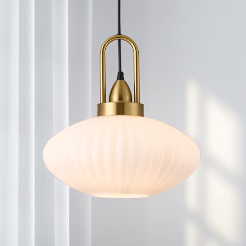 12 Inch Milk Glass Pendant Lights Vintage Chandelier Pendant Lighting Modern Mid Century Hanging Lights Adjustable Kitchen Island Light for Dining Room Bedroom Hallway - color: 12 Inch White
