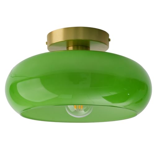 Green Ceiling Light - Mid Century Modern Flush Ceiling Light with Milk Glass Globe and Dark Green Lamp Shade in Brushed Brass for Dining Room - color: Flush-Green
