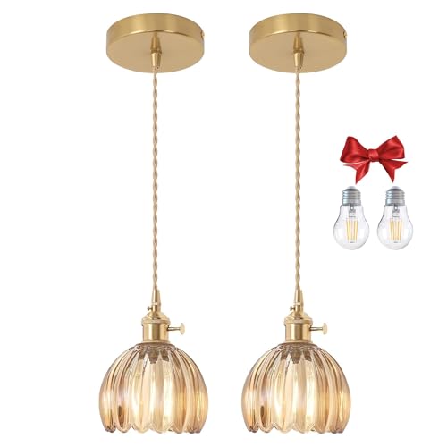 Amber Tulip Glass Pendant Light, 2 Natural Light Bulbs Included, Adjustable Cord with Switch, Suitable for Kitchen Island/Dining Room - color: Amber 2pcs Tulip Pendant Light