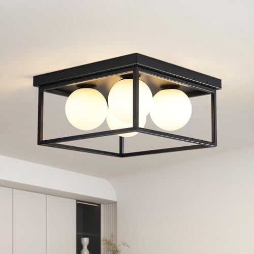 Flush Mount Ceiling Light, 12.6” Close to Ceiling Light Fixtures with Globe Glass Shade, 4-Light Black Ceiling Light Fixture for Bedroom Kitchen Hallway Living Room Dining Room Entryway - color: 4 Light Black