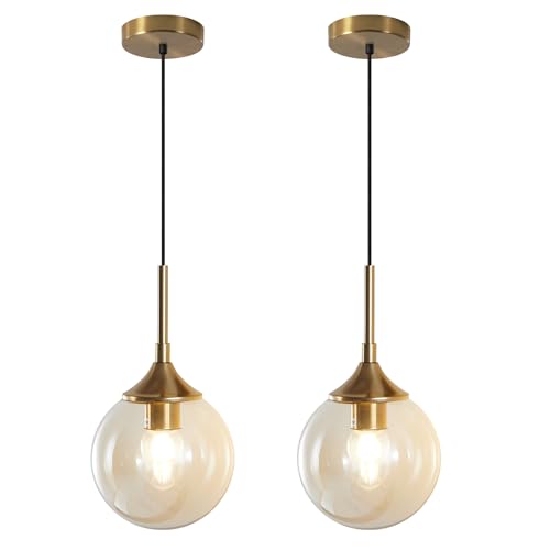 KCO Lighting Mid Century Modern Kitchen Island Pendant Lighting Gold 1-Light Amber Glass Globe Pendant Light Brushed Brass Large Living Room Pendant Light Fixture (2 Pack) - color: Gold+Amber-2PC