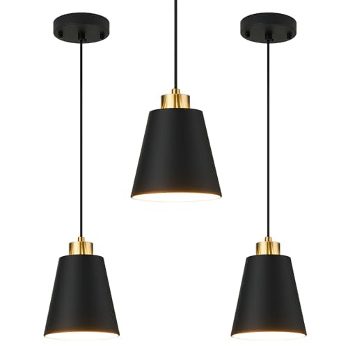 3-Pack Matte Black Pendant Lights Metal Cone Kitchen Island Pendant Lighting with Gold Modern Hollow Shade Hanging Light Fixture for Dining Room Bar Hallway 63" Adjustable Cord - color: Black 3-PACK