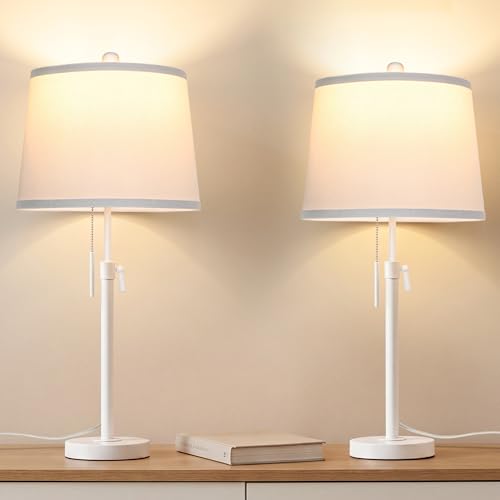 JUNNAI White Table Lamps Set of 2, 22" to 30" Adjustable Height Bedside Lamps for Living Room 3 Color Temperatures Tall Nightstand Modern Lamp for Bedroom Office End Table (Bulbs Included) - color: White Set of 2