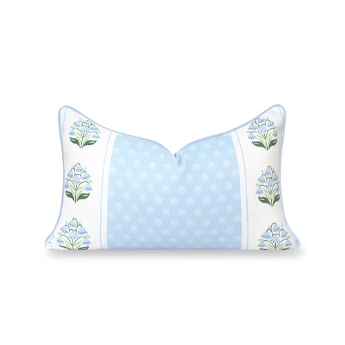 Hofdeco Premium Grandmillennial Coastal Hampton Patio Indoor Outdoor Lumbar Pillow Cover Only, 12"x20" Water Repellent for Backyard, Couch, Poolside, Blue Green Block Print Striped Lily of the Valley - color: Baby Blue Green Block Print Striped Lily of th