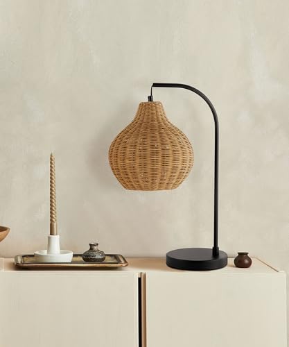 HarvestLand Sunwoven 20” Boho Table Lamp – Woven nightstand lamp, Rattan Lamp with Curved Black Metal Frame for Bedside Lamp, Wicker lamp for Bedroom, Living Room, or Entryway, End Table lamp - style: Sunwoven 20” Rattan