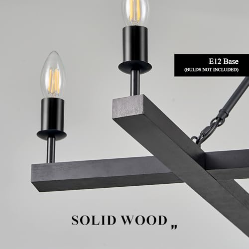 Rustic Black Farmhouse L45'' Wood Chandelier Unique Square 6-Light Candle Long Ceiling Pendant Lighting for Kitchen Living Dining Room Foyer Bedroom High Ceiling,E12 - color: Black, size: 45 inches