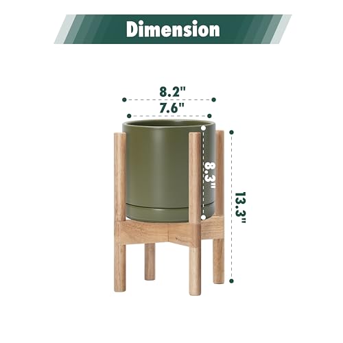 D'vine Dev Ceramic Planter with Natural Stand - 8 Inch Modern Round Flower Pot with Wood Planter Holder, Olive, 55-B-N-J - color: Olive Pot + Natural Stand, size: 8 Inch