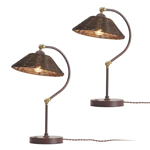 2 Pack Woven Rattan Table Lamp, Boho Plug in Handmade Rattan Shade & Anti-Rust Iron Base Desk Lamp, Plug & Play Vintage Dark Brown Bedside Lamp for Living Room, Office, Bedroom 【Bulb Included】