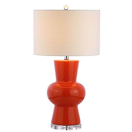JONATHAN Y 28.5" Coral Ceramic Table Lamp for Living Room Bedroom Nightstand, Modern Hourglass LED Bedside Lamp with Crystal Base and Linen Shade (JYL4027C) - color: Coral