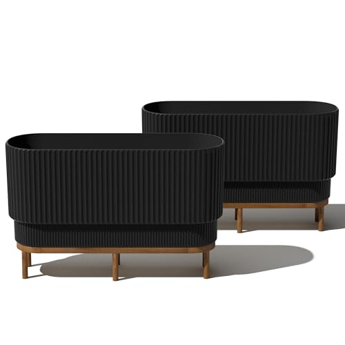 Veradek Demi Series Raised Long Planter for Indoor/Outdoor Use | Made from Plastic & Stone w/Wooden Stand | Modern Patio Décor for Flowers/Shrubs - color: Black/Brown, size: 30 inch - 2 Pack