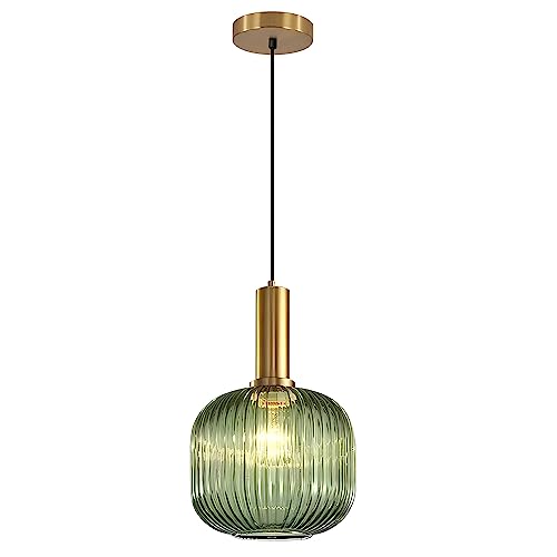BOKT Mid Century Modern Green Glass Pendant Light Large Gold Globe Kitchen Island Pendant Light Fixture Minimalist Anti Brushed Brass Round Ceiling Hanging Pendant Lamp (7.9" Green) - color: Green