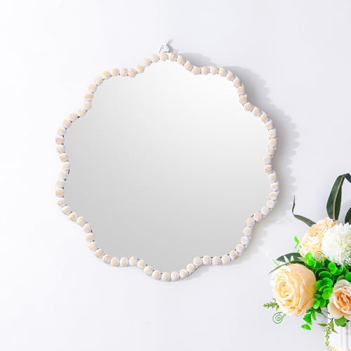15inch Small Boho Beaded Flower Mirror for Wall Decor, Cute Decorative Hanging Wooden Circle Nursery Mirrors for Girl Room, Bedroom, Livingroom - color: Flower