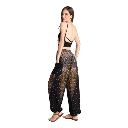 Tranquil Threads Women's Harem Pants with Pockets and Drawstring, Hippie Boho Yoga Clothes - color: Golden Black, size: X-Small