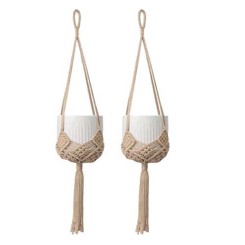 2 Pack Macrame Hanging Planters with Patterns - Stylish Plant Hangers Crochet Boho Plant Holder Hanging Plant Basket for Up to 6 Inch Pots(Caramel) - color: Caramel