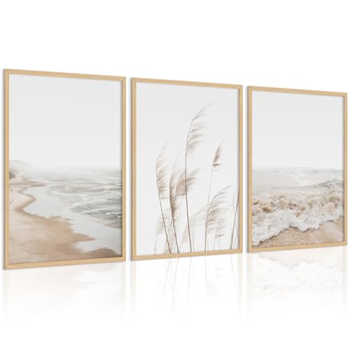 Joocrise Beach Wall Art Boho Prints Coastal Canvas Wall Art Decor Beach Pictures Pampas Grass Ocean Poster Plant Landscape Scene Artwork for Living Room Bedroom 12x16 Inch Unframed Set of 3 - color: Beach Art Prints, size: 12x16 Inch Unframed