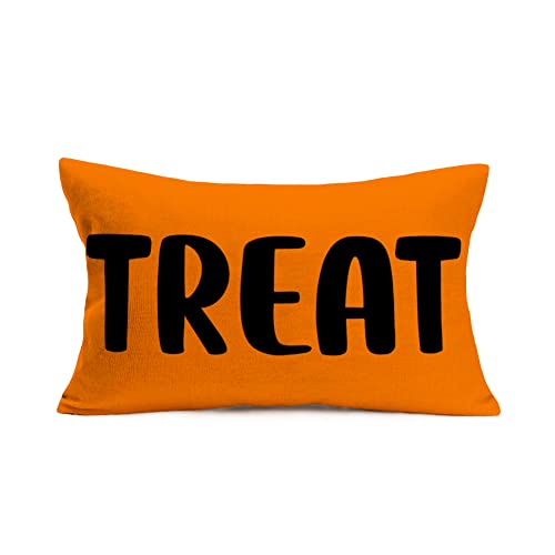Halloween Lumbar Pillow Covers 12x20 Inch Black Orange Halloween Treat Quotes Throw Pillow Cases Autumn Farmhouse Decorations Cushion Cover Cotton Linen - color: Treat