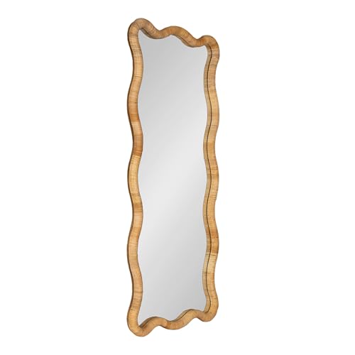 Kate and Laurel Rahfy Boho Scalloped Rectangle Rattan Wall Mirror, 22 x 48, Natural Wood, Decorative Rectangular Wavy Mirror with Authentic Rattan Frame for Bedroom Mirror Decor