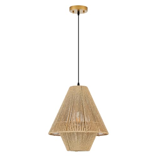 15” Boho Hand Woven Rattan Pendant Light Classic Coastal Chandelier for Kitchen Island Dining Room Hallway, UL Listed - color: Rattan