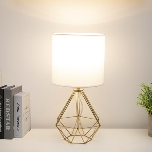 Gold Modern Small Table Lamp for Bedroom & Living Room - Geometric Metal Base, White Fabric Shade, Ideal for Bedside & Kids' Desk, Nightstand Lamp - color: Brass Gold