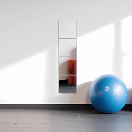 Ruomeng Full Length Wall Mirror Tiles - 10" x 10" x 4Pcs Frameless Full Body Mirror Tiles Wall Mounted Mirror for Home Gym Vanity Bedroom, Living Room - size: 10"x10"-4pcs