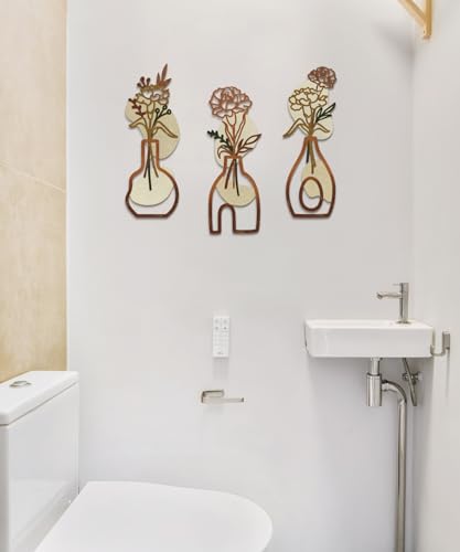 Putuo Decor Wood Flowers Wall Decor Set of 3, Rustic Farmhouse Neutral Wall Hanging, MDF Vase Panels Wall Sculptures, Minimalist Flower Wall Art for Living Room Bedroom Entryway, Orange - color: Orange