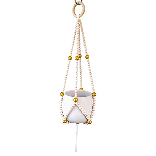 Ochine Macrame Plant Hanger Indoor Hanging Planter Basket Wood Beads Decorative Boho Flower Pot Holder with Round Hooks for Indoor Outdoor Boho Home Decor Handmade Bead Hangers (Not Included Pot) - color: F