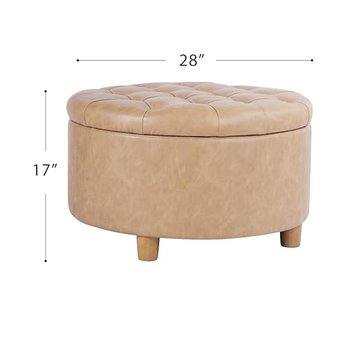 HomePop 28" Button Round Storage Ottoman - Light Camel Faux Leather - color: Light Camel Faux Leather