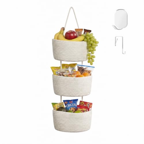 White 3-Tier Woven Cotton Rope Hanging Basket, Over the Door Organizer, Adjustable Detachable Wall Basket with Metal & Adhesive Hooks, No Drilling for Kitchen, Pantry & Fruit Produce Storage - style: White