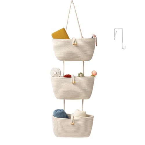 TeoKJ Over the Door Hanging Baskets with Button Strap, 3-Tier Woven Cotton Storage Organizer Bag, Wall-Mounted with Hook Decorative Hanging Kitchen Baskets - White - color: White, style: 3 tier+Button