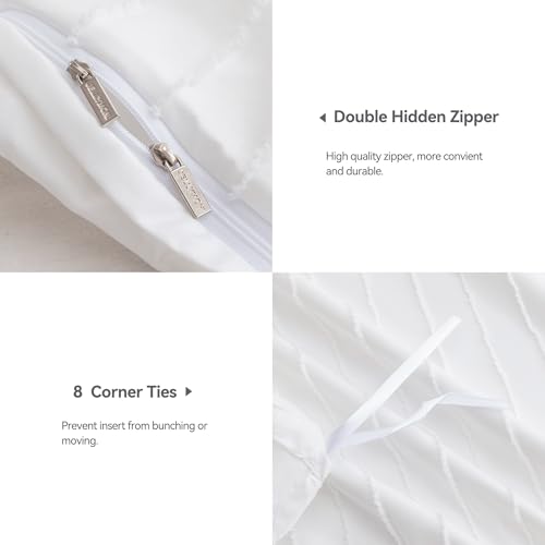 JELLYMONI Duvet Cover King Size Bright White - 3PCS Boho Striped Duvet Cover Set Polyester Tufted Bohemian Textured Comforter Cover 104×90in with Corner Ties & Zipper and 2 Pillowcases - color: Bright White-striped, size: King(104"×90")