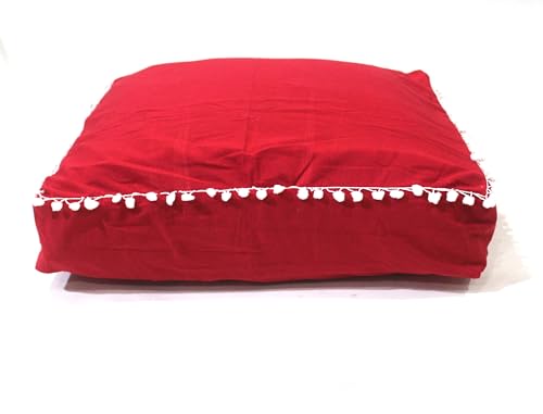 Mandala Barmeri Large Floor Pillow Cover Cushion Meditation Seating Ottoman Throw Cover Hippie Decorative Zipped Bohemian Pouf Ottoman Poufs, Pom Pom Pillow Cases (Red, 24" square) - color: Red, size: 24"D x 5"W x 24"H