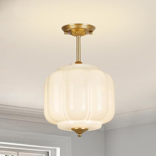 9.4" Milk Glass Semi Flush Mount Ceiling Light Fixture, Vintage Gold Ceiling Lamp for Hallway, Kitchen, Bedroom, Entryway, Antique Mid Century Lighting with Scallop Shade for Small Rooms - color: Milk White D