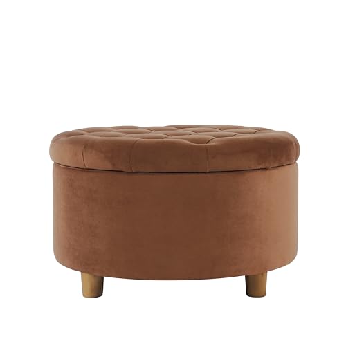 HomePop 28" Button Tufted Velvet Round Storage Ottoman - Spice Orange Velvet - color: Spice Orange