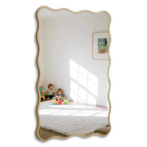 Gold Wavy Bathroom Mirror 20x30 Rectangle Scalloped Farmhous Mirror Modern Wood Farme Mirror Wall Decor for Bathroom Entryway Living Room Bedroom Hallway - color: Gold, size: 30"L x 20"W