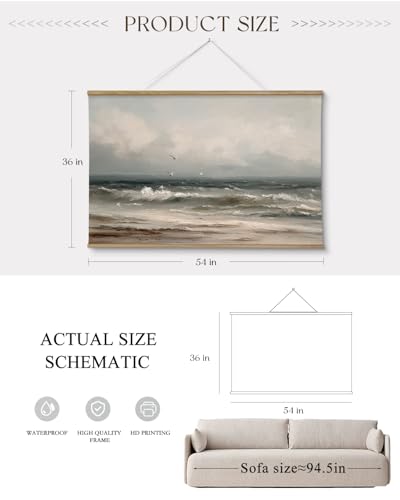 ARPEOTCY Extra Large Vintage Framed Wall Art, 36x54 Inch Coastal Ocean Gulls and the Sea Hanging Canvas Prints Scroll Wall Art Decor for Living Room Bedroom, Retro Scenery Pictures Above of Bed - color: Cloud Sky Ocean