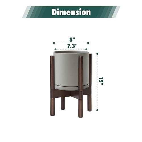 D'vine Dev Ceramic Planter with Walnut Color Stand - 8 Inch Modern Round Flower Pot with Wood Planter Holder, Grey, 55-B-Y-3 - color: Grey Pot + Walnut Color Stand, size: 8 Inch
