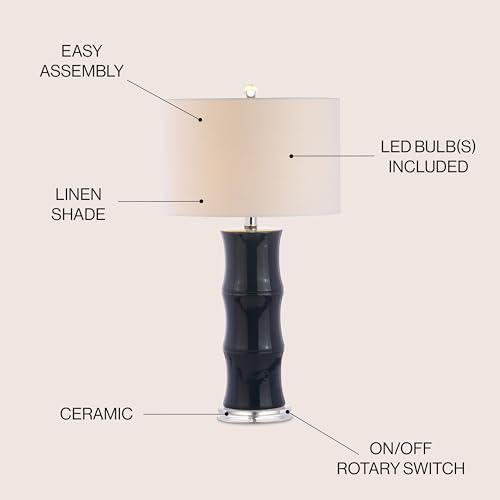 JONATHAN Y 26.5" Navy Blue Ceramic Table Lamp for Living Room, Bedroom Nightstand, White Linen Drum Shade, Bamboo Design Modern Bedside Desk Lamp with LED Bulb Included JYL3015A - color: Navy