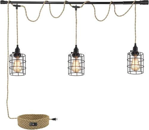 3-Light Hanging Light with Plug in Cord,Plug in Pendant Light 22ft Hemp Rope Pendant Lighting Vintage 3-Light Hanging Lamp Fixtures for Kitchen Island Living Room Bedroom - color: 3 Light 12CM Cage