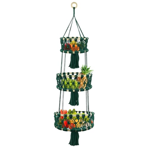 3-tier Hanging Fruit Baskets for Kitchen, Woven Cotton Rope Fruit Hammock, Macrame Hanger Holder for Fruit Vegetable Produce Storage & Organization, Boho Hanging Plant Holder fot Indoor Outdoor - color: Dark Green