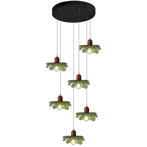 Long Chandelier for High Ceilings Flower Pendant Light 6-Lights Modern Black Chandelier Green Hanging Flush Mount Lighting Fixtures for Spiral Staircase Foyer Entryway Living - color: Green, 6 Lights