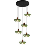 Long Chandelier for High Ceilings Flower Pendant Light 6-Lights Modern Black Chandelier Green Hanging Flush Mount Lighting Fixtures for Spiral Staircase Foyer Entryway Living - color: Green, 6 Lights