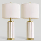 USumkky 25.75" Off-White Ceramic Table Lamp Set of 2, Mid Century Modern Bedside Nightstand Lamps for Bedroom Living Room, Linen Shade & Gold Metal Base, Rotary Switch E26 (Bulbs Excluded) - color: 25.75" Fluted Column-2 Pack