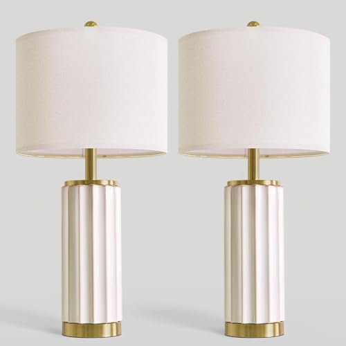 USumkky 25.75" Off-White Ceramic Table Lamp Set of 2, Mid Century Modern Bedside Nightstand Lamps for Bedroom Living Room, Linen Shade & Gold Metal Base, Rotary Switch E26 (Bulbs Excluded) - color: 25.75" Fluted Column-2 Pack