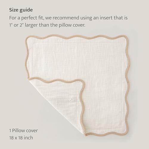 Double Stitch Scalloped Throw Pillow Covers - 100% Cotton Decorative Boho Pillow Covers 18 x 18, Made in India, Square Cushion Case, Modern Home Decor for Couch Sofa Living Room, Cream - color: Cream, size: 18" x 18" (Pack of 1)