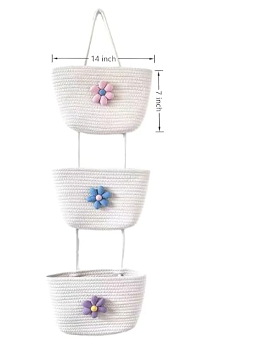 3-Tier Woven Cotton Rope Hanging Basket, Over the Door Organizer, Adjustable Detachable Wall Basket with Metal & Adhesive Hooks, No Drilling for Playroom, Toddler Nursery & Little Girls Room - style: BigFlower