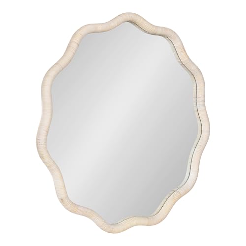 Kate and Laurel Rahfy Boho Scalloped Round Rattan Mirror, 32 Inch Diameter, White, Decorative Round Wavy Mirror with Authentic Rattan Frame for Boho Wall Decor